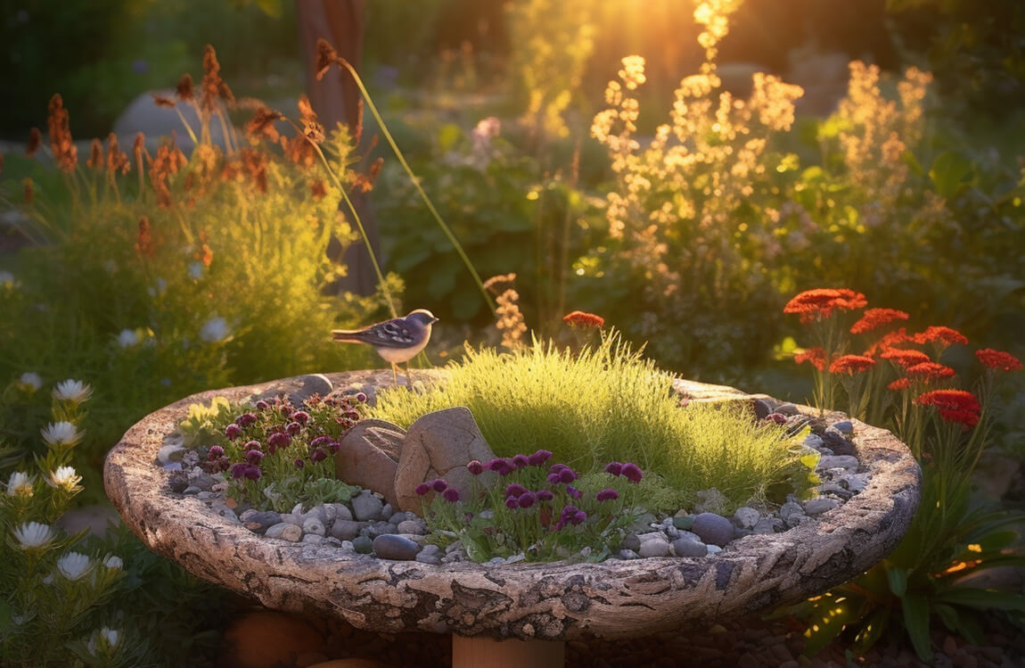 gorgeous bird bath filled with pebbles for perching birds