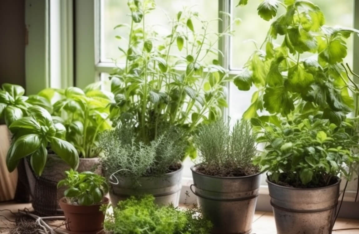 kitchen herb garden growing in a windowsill