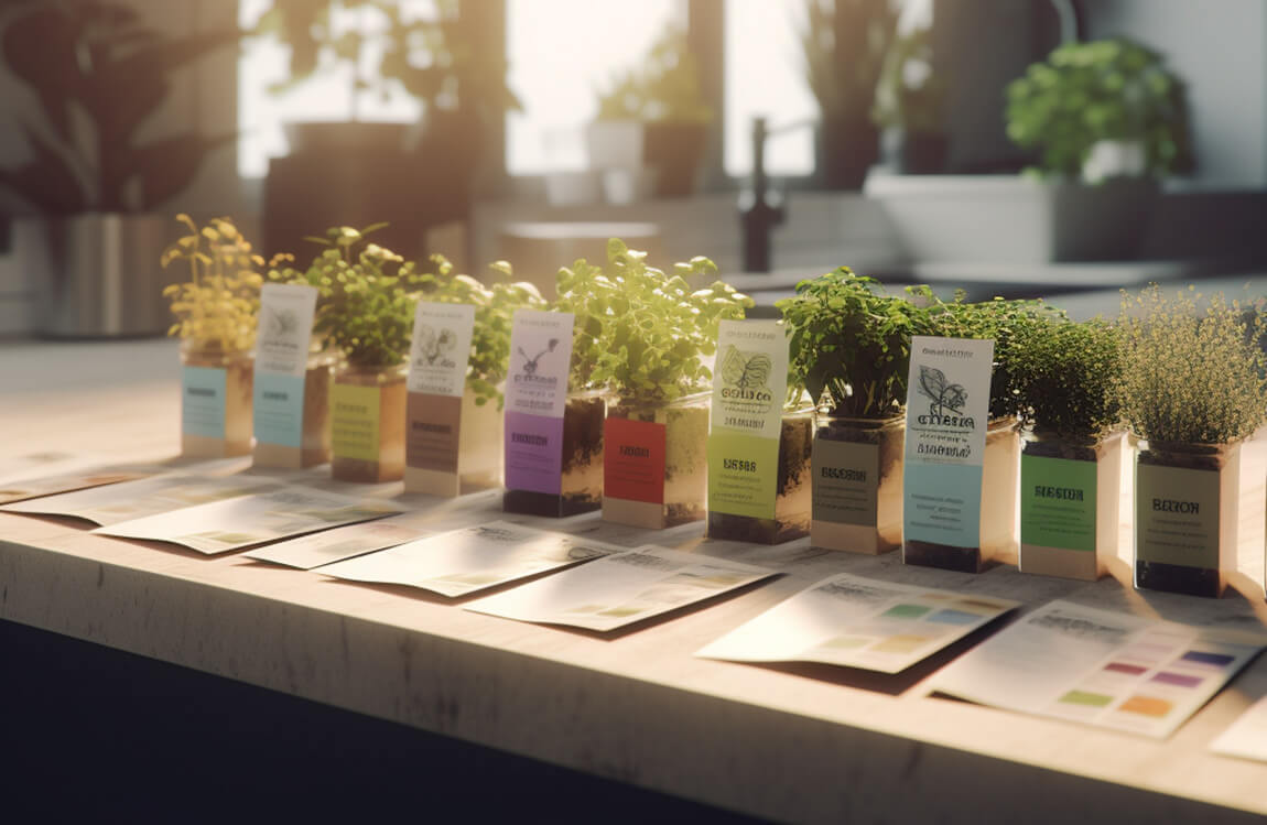 herb seed packets on the kitchen counter