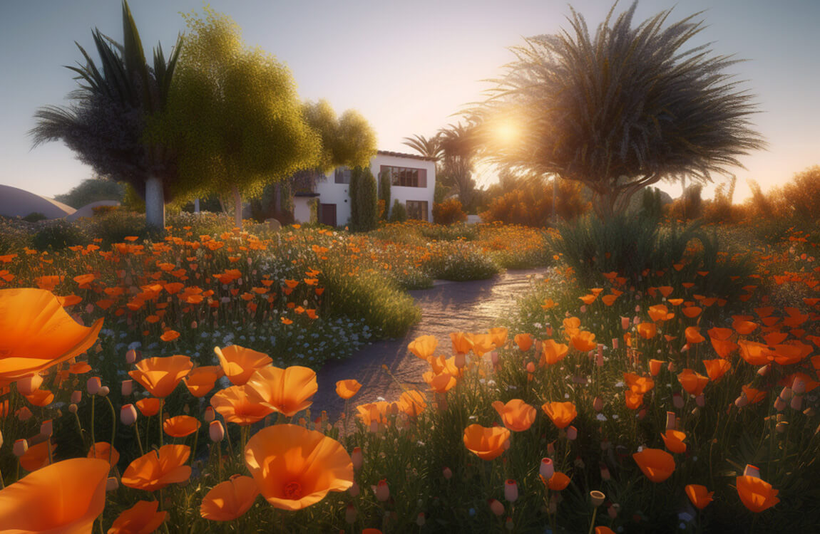 home landscaped beautifully with california poppies
