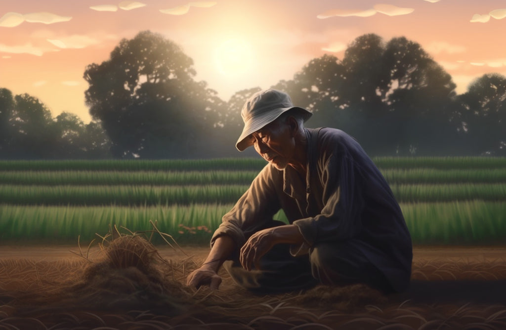 Japanese farmer sowing seed balls in his fields