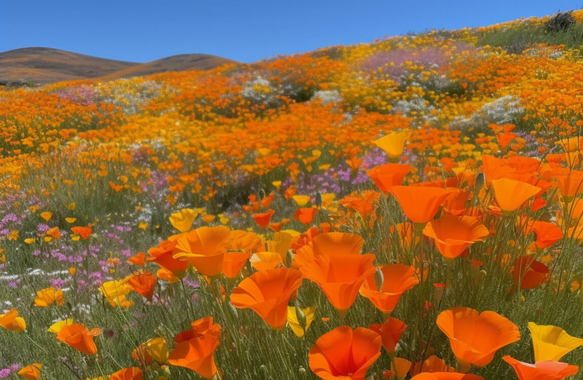 wildflower meadow including beautiful california poppy wildflowers