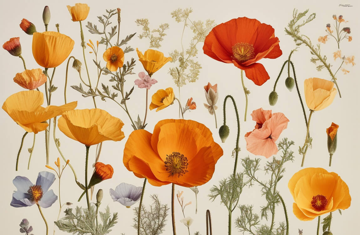 line drawing of a variety of california poppy colors