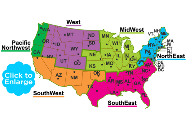 USA Map - Showing Six Regions For Different Native Wildflower Seeds