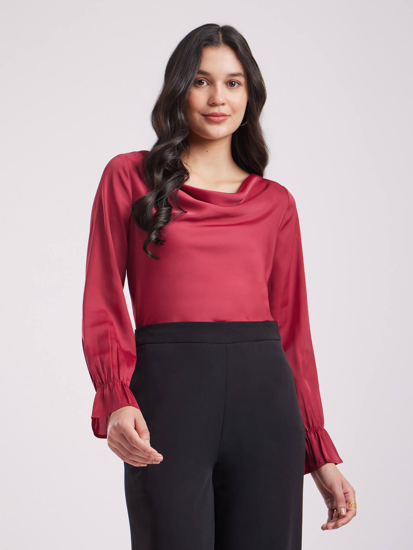 Buy Maroon Satin Cowl Neck Top Online | FableStreet