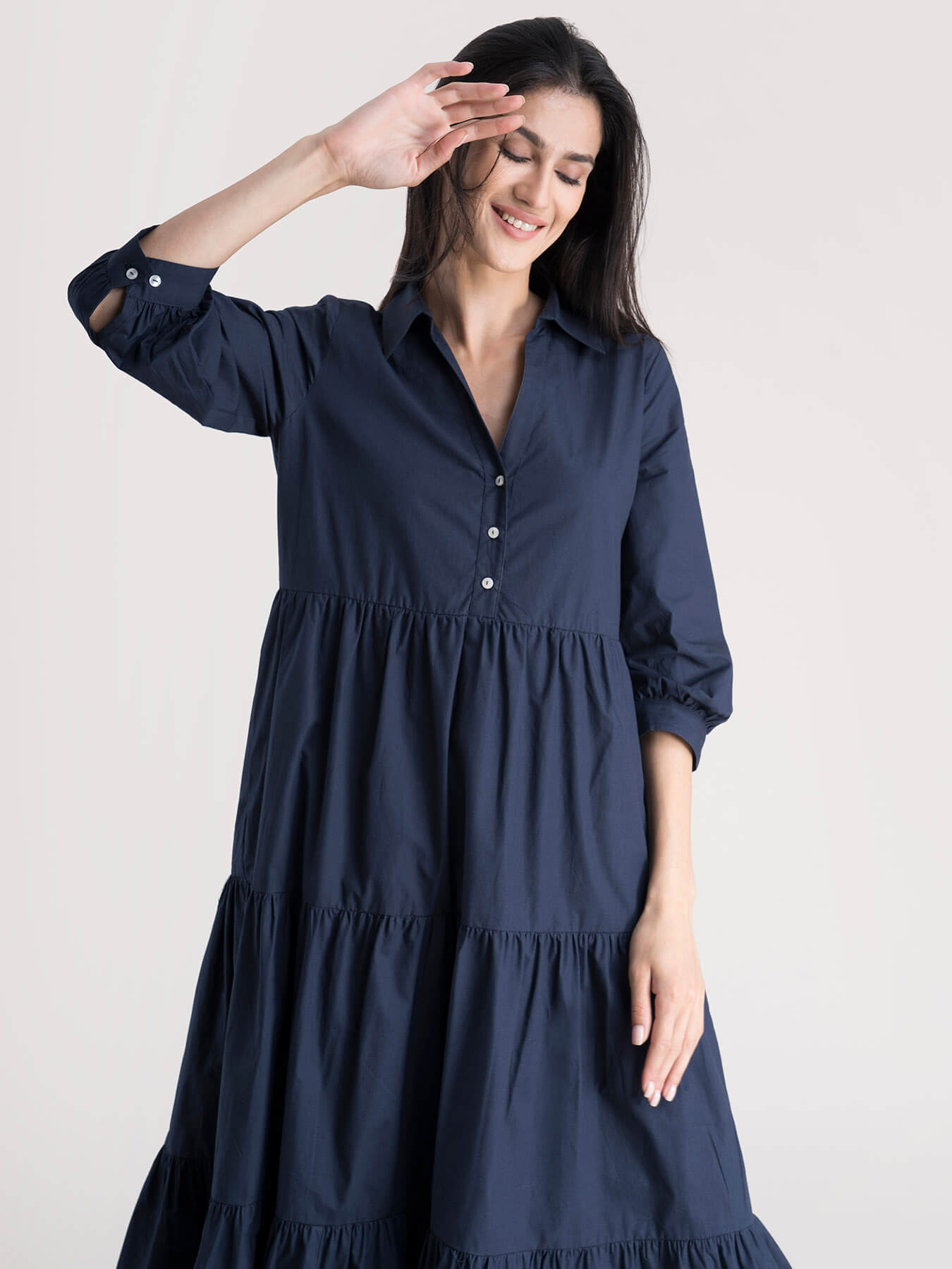 Buy Navy Blue Cotton 3 Tiered Dress Online | FableStreet