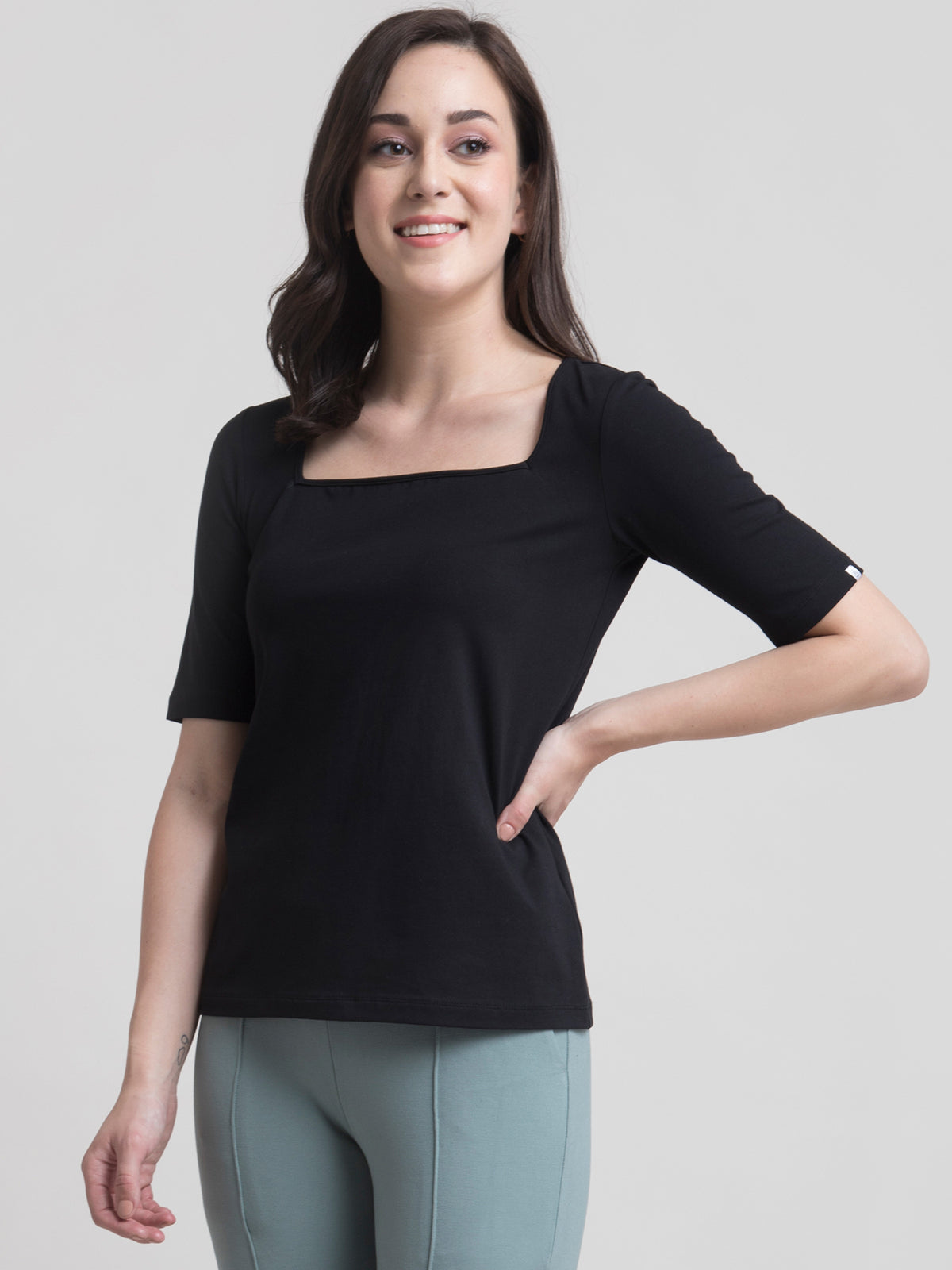  Women's T-Shirt Solid Lantern Sleeve Neck Rib-Knit Tee T-Shirt  for ESBANT (Color : Black, Size : Large) : Clothing, Shoes & Jewelry