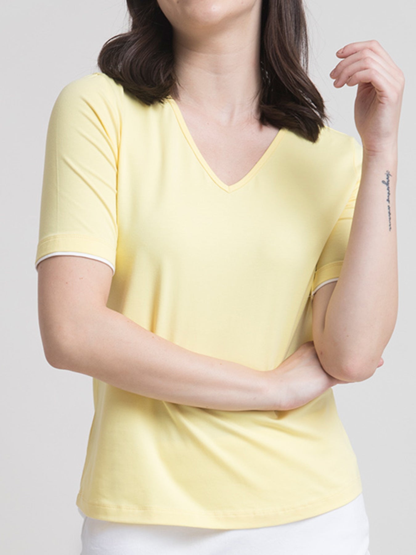 Cotton V Neck Knitted T Shirt - Yellow