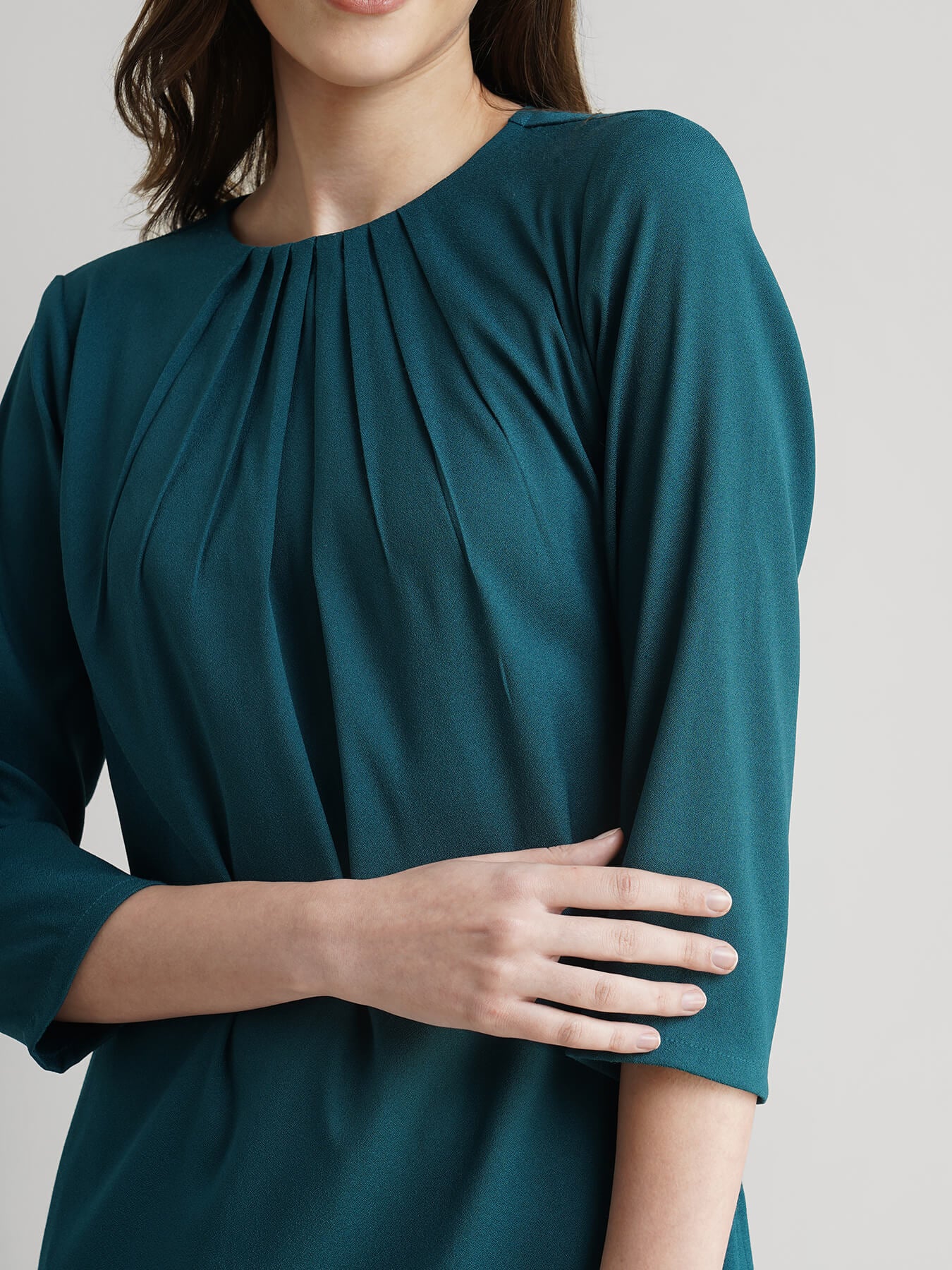 Front Pleat Shift Dress - Teal