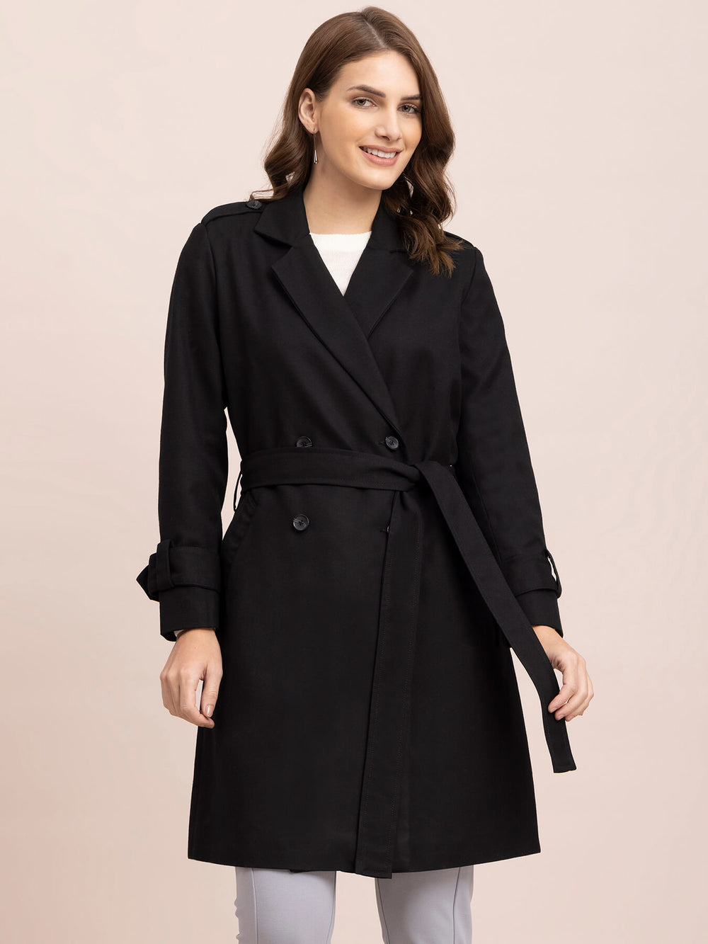 Buy Black Wool Blend Double Breasted Long Trench Online | FableStreet