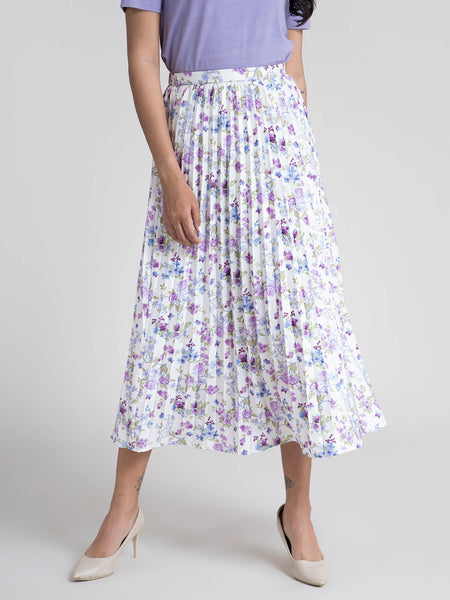 Buy Lilac Pleated Flared Floral Midi Skirt Online | FableStreet