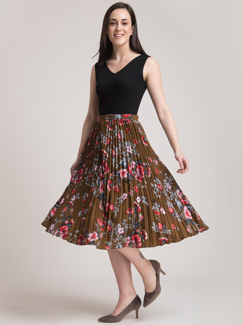Pleated Flared Floral Midi Skirt - Black – FableStreet