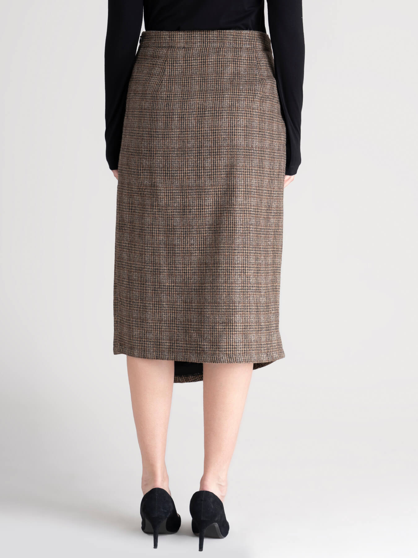 Brown Asymmetric Hem Tartan Tweed Skirt 