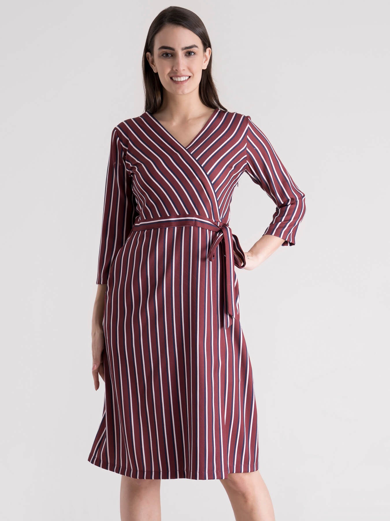 Striped Wrap Dress - Maroon and White