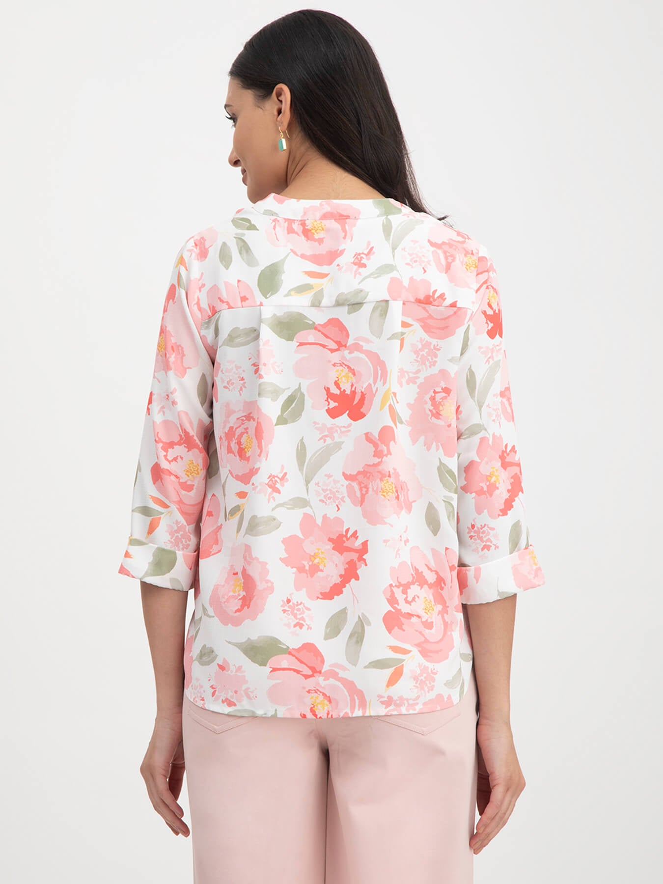 Floral Print Mandarin Neck Top - White And Pink