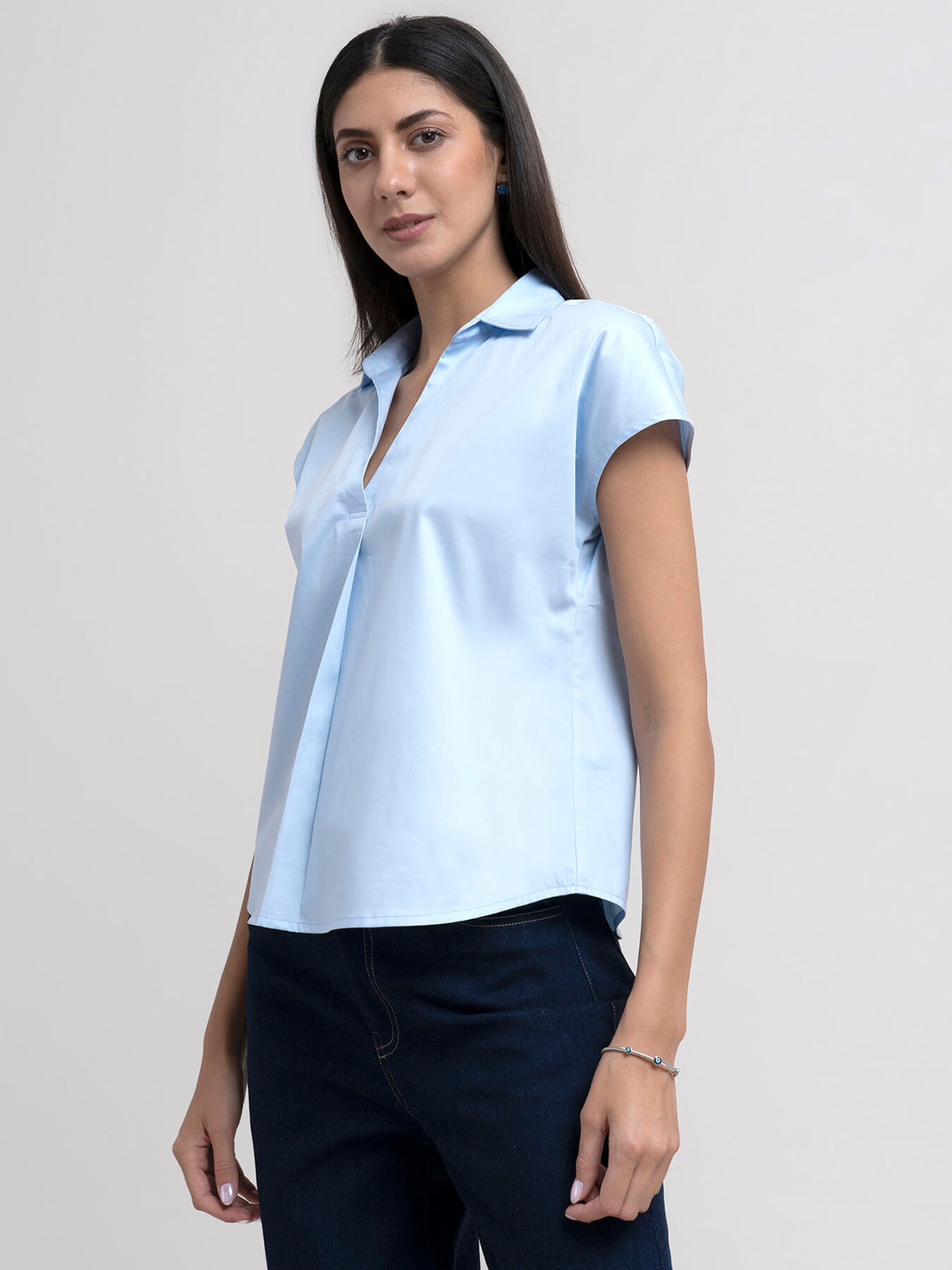 Buy Light Blue V Neck Top With Gather Detail Online | FableStreet