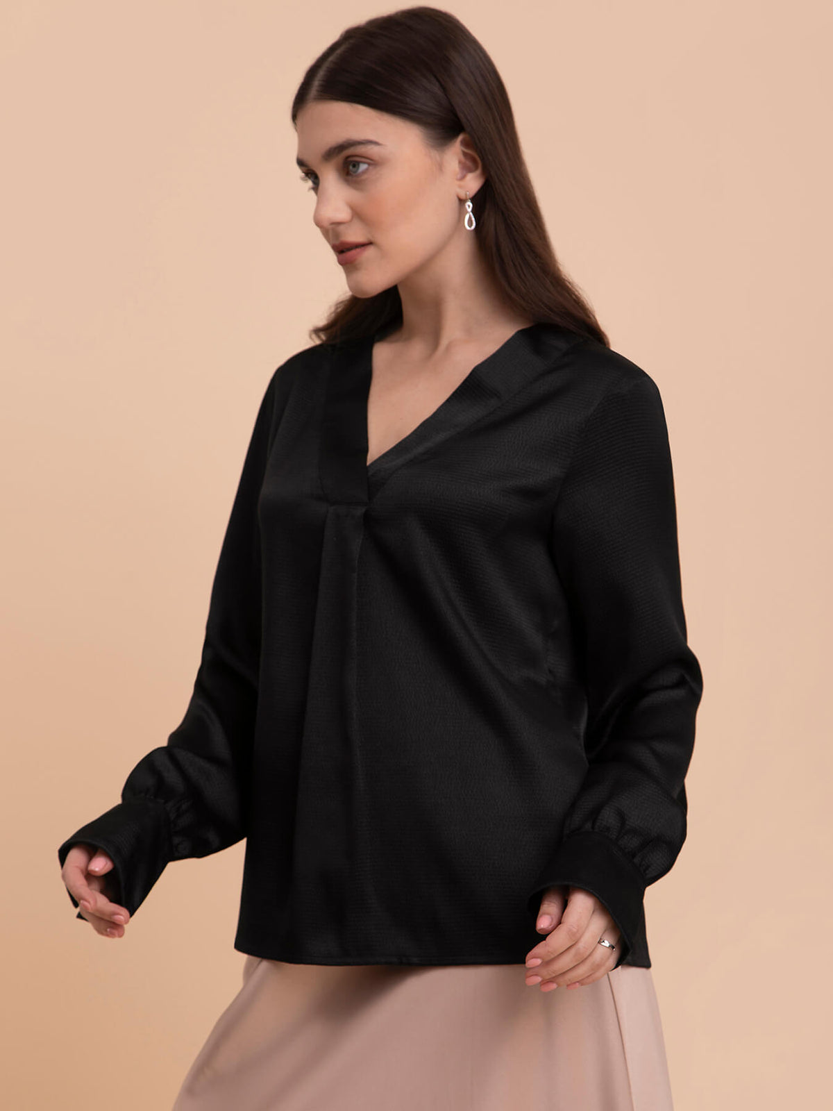 Notch Collar Shirt With Colour Block - Black