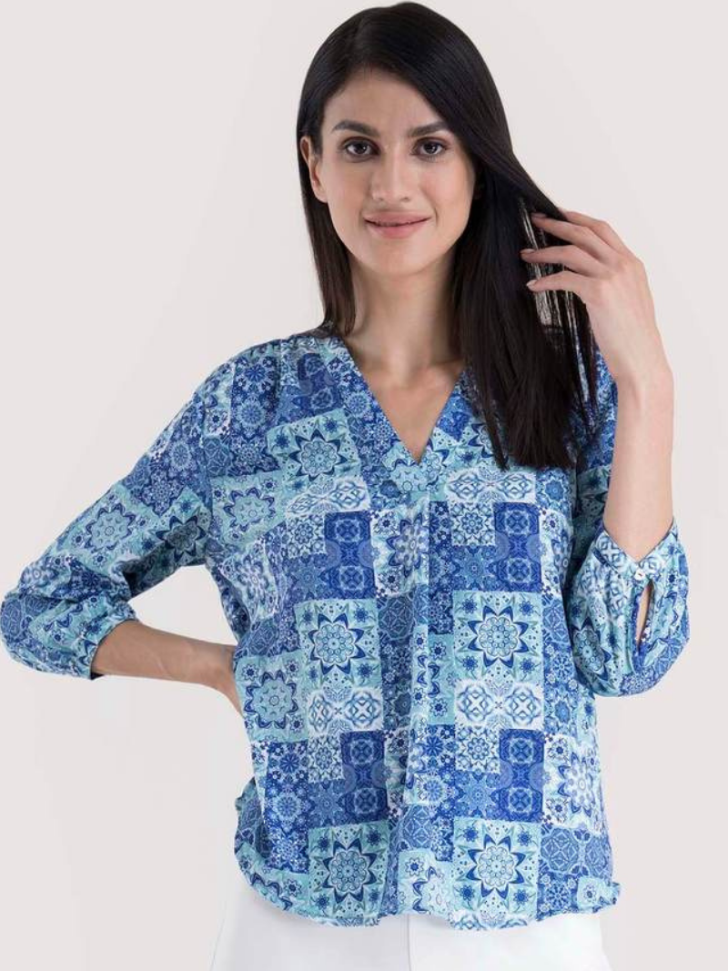 Buy Blue V Neck Abstract Print Top Online | FableStreet