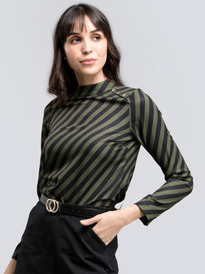 Button Detail Striped Top - Black and Olive