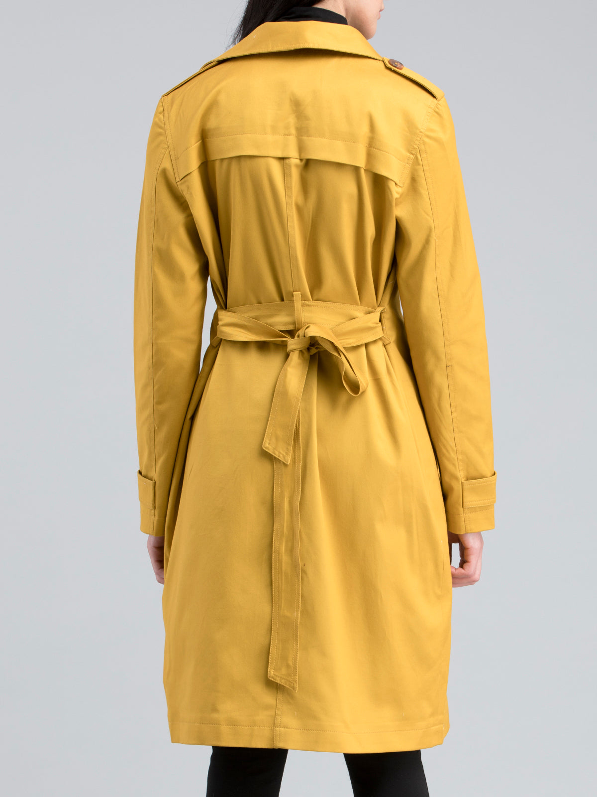 Buy Mustard Cotton Twill Lycra Belted Lapel Trench Coat Online ...