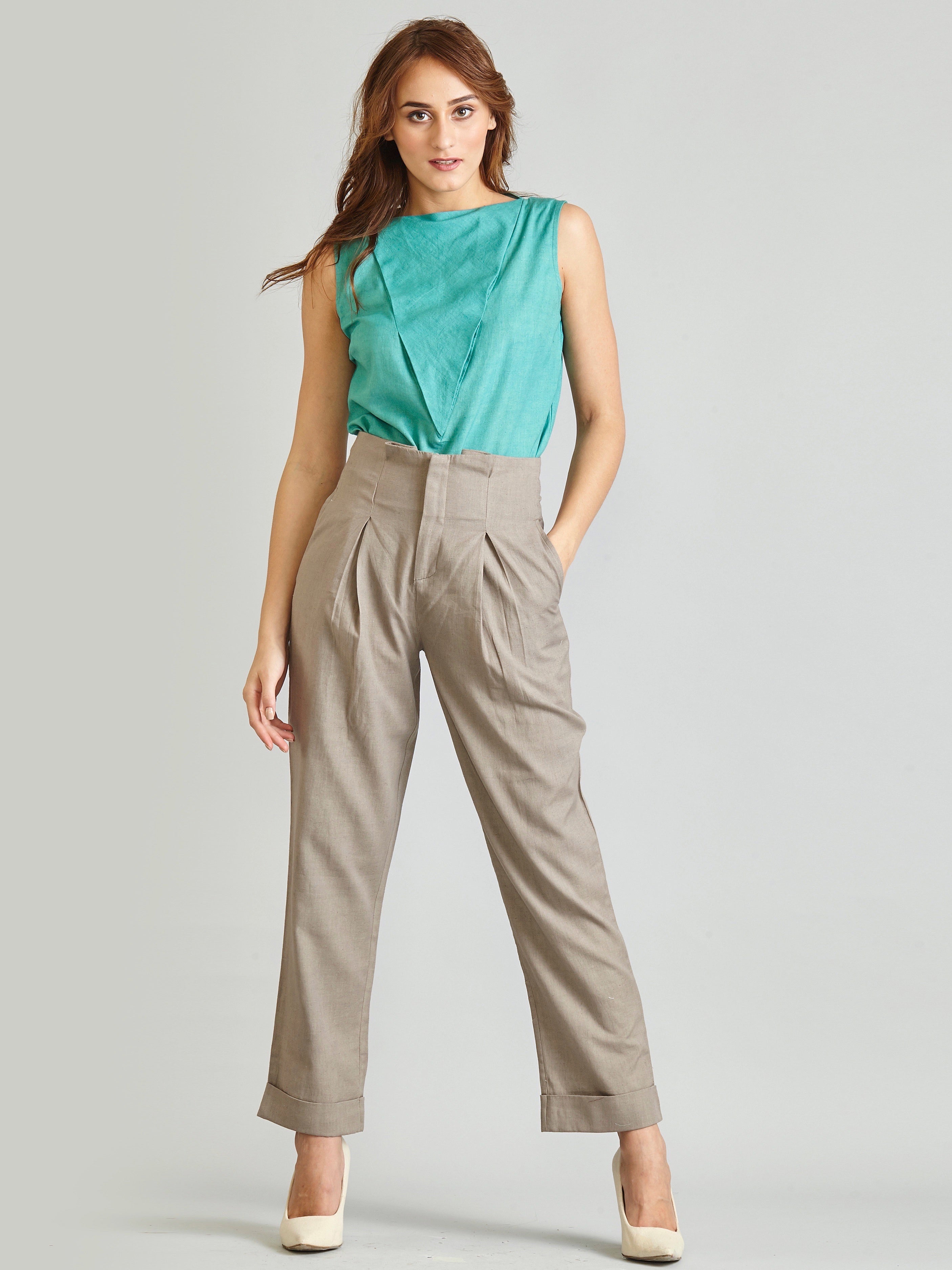 Buy Stone Grey Knife Pleat Straight Turn up Trousers Online ...