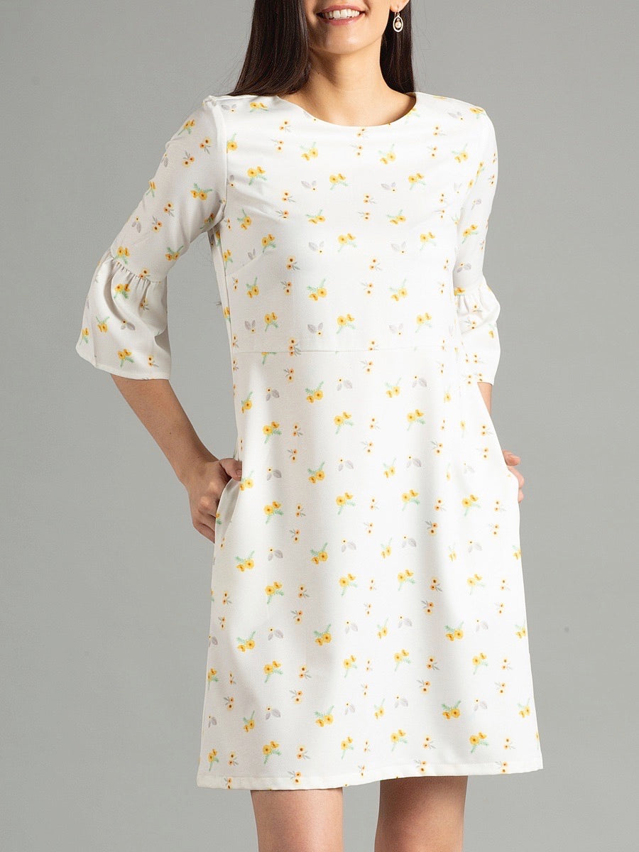 Flounce Sleeve Short Floral Straight Fit Dress - White & Yellow