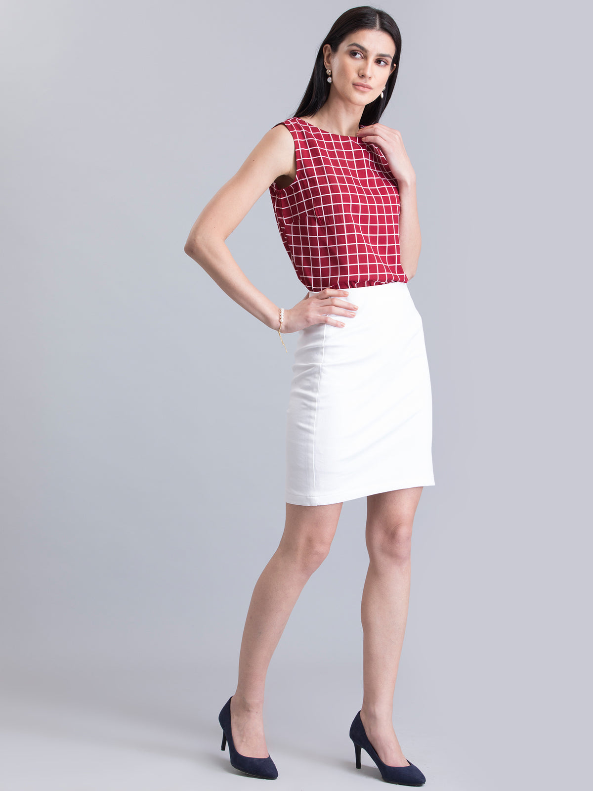 Round Neck Check Top - Red and White| Formal Tops