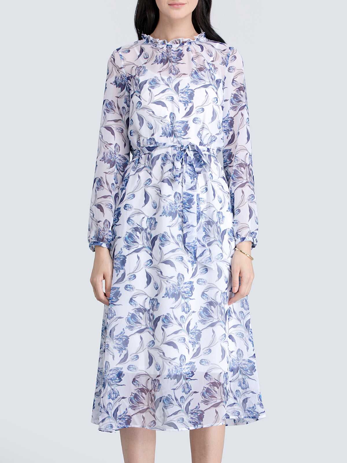 Buy Blue Ruffle Detail Floral Sheer Dress With Tie Up ...