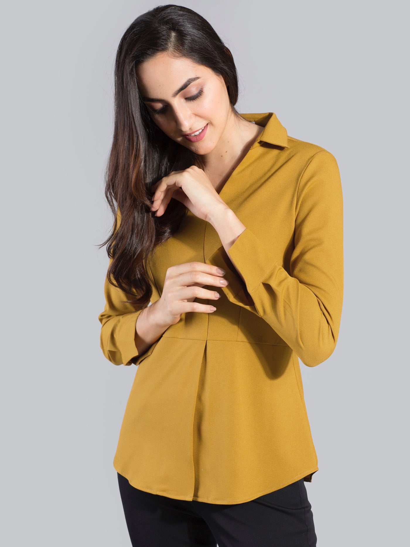 Buy Mustard Collared V Neck Full Sleeve Top Online | Fablestreet