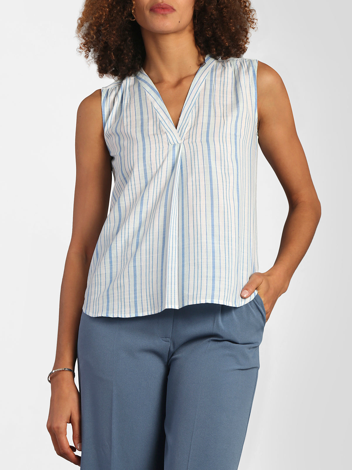 V Neck Striped Top - Blue and White