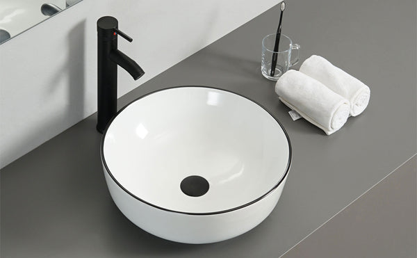 Ceramic Bathroom Vessel Sink with Black Faucet Drain Combo,Round White