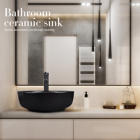 Elecwish Black Round Ceramic Vessel Sink HW1123 have above-the-counter installation design