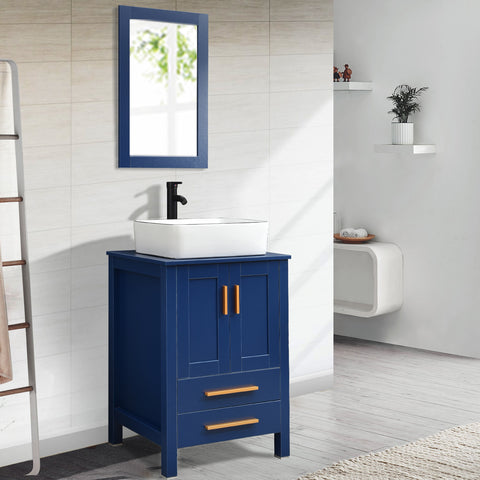 Natural Wood 24" Blue Bathroom Vanity BV1010-BU with white ceramic sink display scene