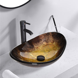 Elegant Gold Oval Boat-Shaped Glass Vessel Sink BA20065 has glossy surface