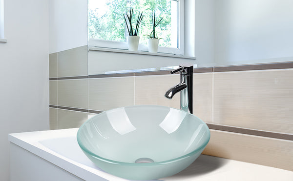 Round Sleek Frosted Glass Vessel Sink BA20103 display in bathroom