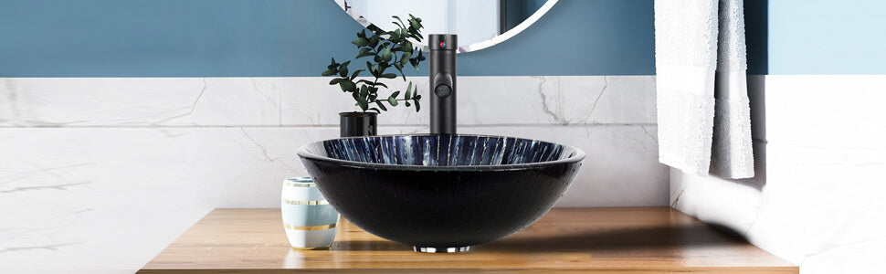 Dark Blue Round Bathroom Vessel Sink BG1003 display scene