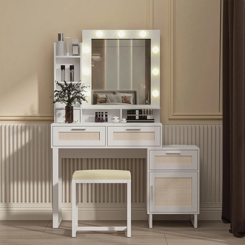 White and Rattan Vanity Table Set IF007