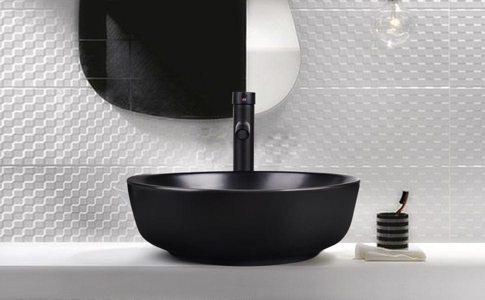 Elecwish Black Round Ceramic Vessel Sink HW1123 displays in the bathroom