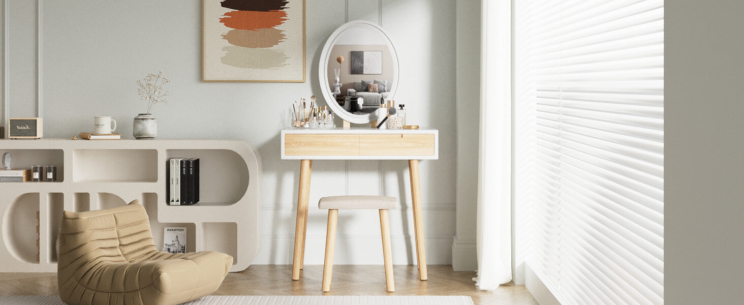 Vanity Makeup Table Set with Adjustable LED Oval Mirror IF11213 display scene