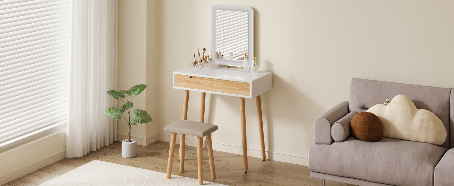 Vanity Makeup Table Set with Adjustable LED Square Mirror IF11213 display scene