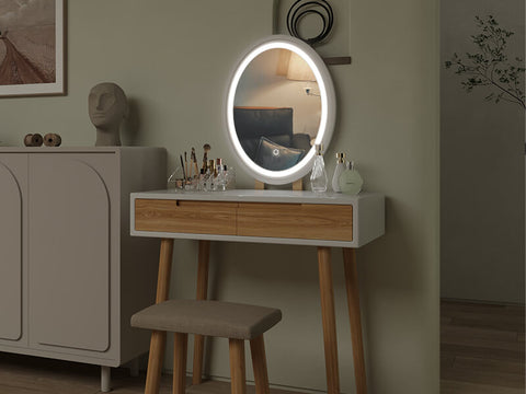 Brightness led mirror view of Elecwish Vanity Makeup Table Oval Mirror IF11213