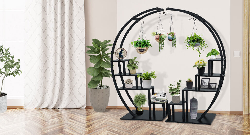 Black Plant Stand Indoor, 5 Tier Half Circle Ladder Flower Pot Stand GD003