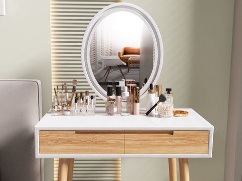 Vanity Makeup Table Set with Adjustable LED oval Mirror IF11213 has solid wood board