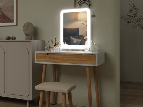 Brightness led mirror view of Elecwish Vanity Makeup Table Square Mirror IF11213