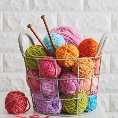 Multicolored yarn in a basket. 