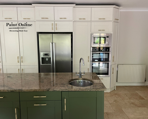 Kitchen painted in Farrow & Ball Skimming Stone and Colourtrend Sweet Caper. 