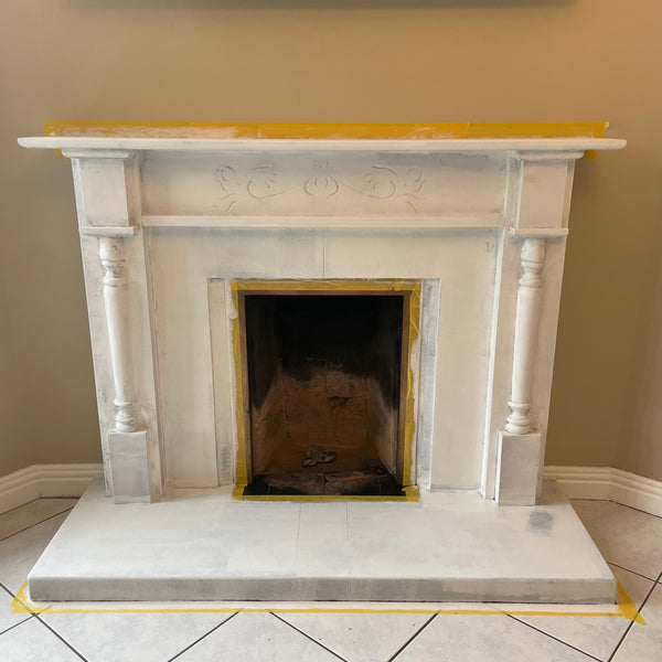 Before and after painting a fireplace. Fireplace primer and undercoat Fleetwood Bloxx-It. 