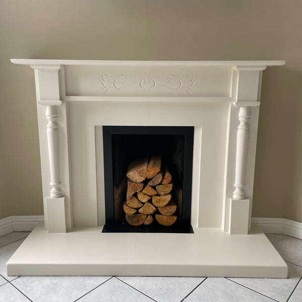 Before and after painting a fireplace with Little Greene Whitening 41 in Intelligent Eggshell. 
