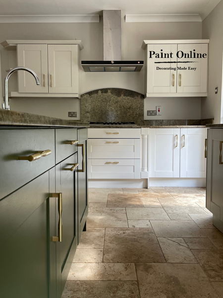 Kitchen painted in Colourtrend Sweet Caper with Farrow and Ball Skimming Stone