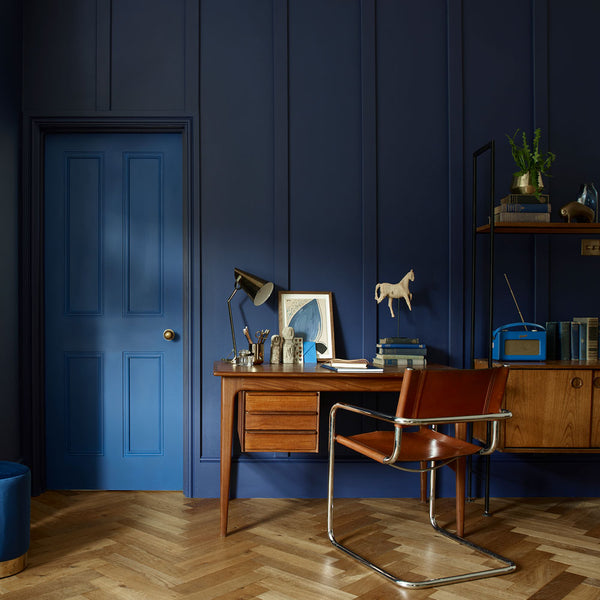 Living Room Walls painted in DH Oxford Blue Velvet Matt emulsion. Door painted in Dulux Heritage Deep Ultramarine, Eggshell - Paint Online Ireland